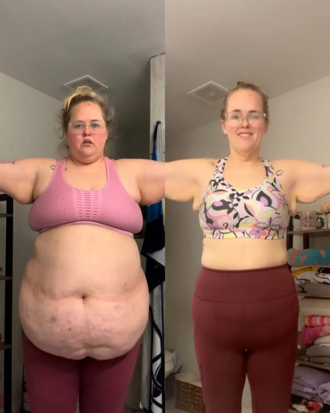 Before and after weight loss transformation of a woman in sports bras and leggings, arms out showing fitness progress