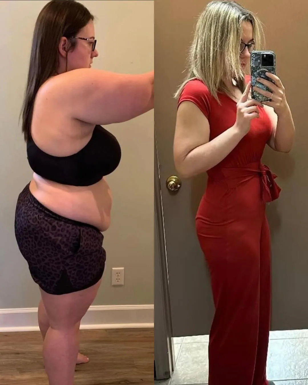Before-and-after weight-loss transformation of a woman: side-by-side profile showing a slimmer figure in a red fitted outfit