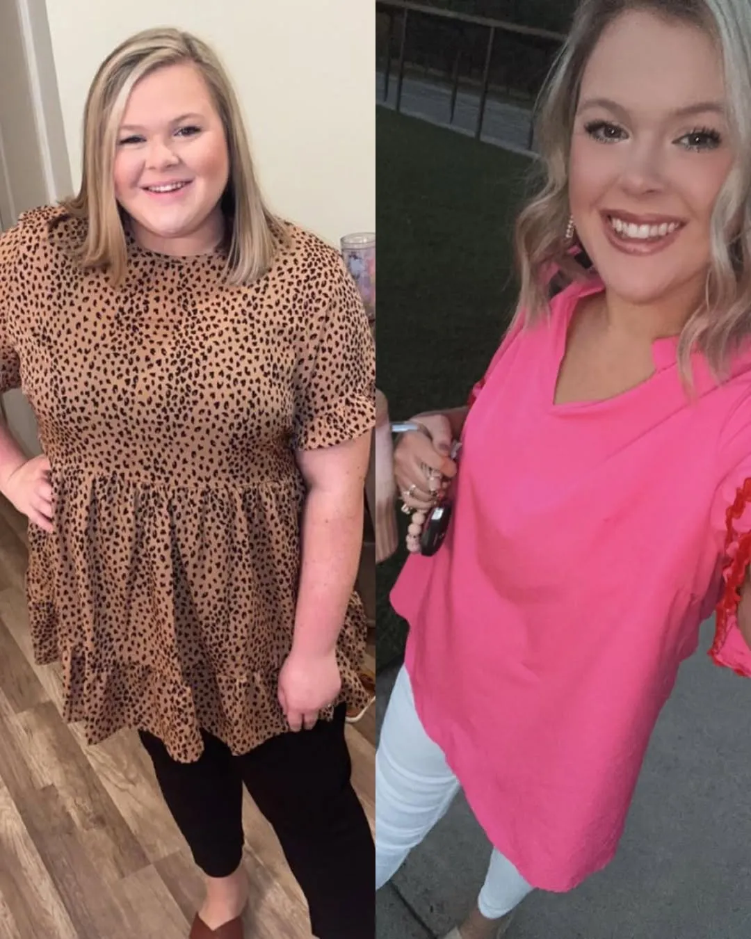 Side-by-side of a smiling woman in a leopard-print tunic with black pants and a pink blouse with white jeans