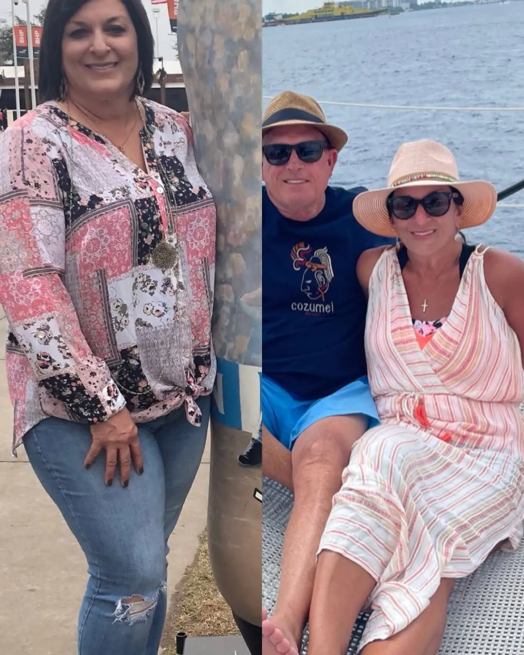 Split image: woman in pink patterned blouse and jeans at waterfront; couple wearing hats and sunglasses lounging on a boat
