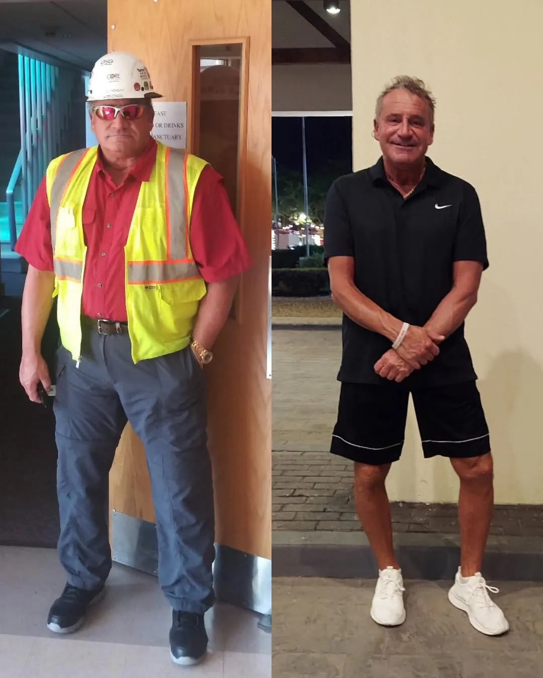 Split photo of a man in construction safety gear (hard hat, high-vis vest) and the same man in casual black polo and shorts