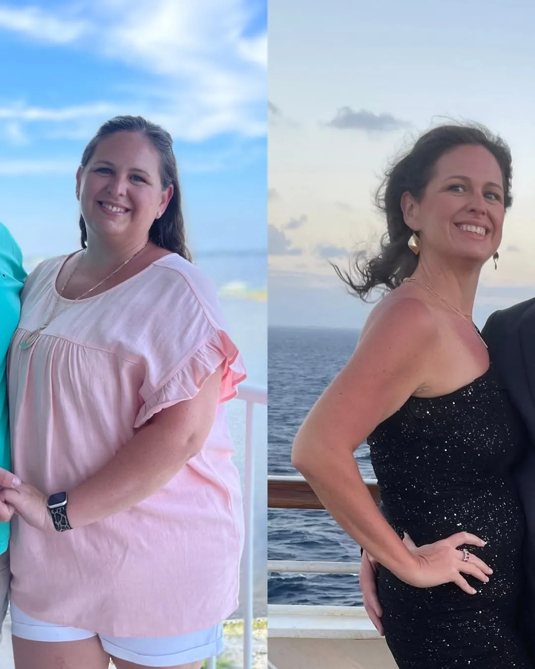 Woman before-and-after weight loss transformation, smiling on a cruise balcony with ocean view.