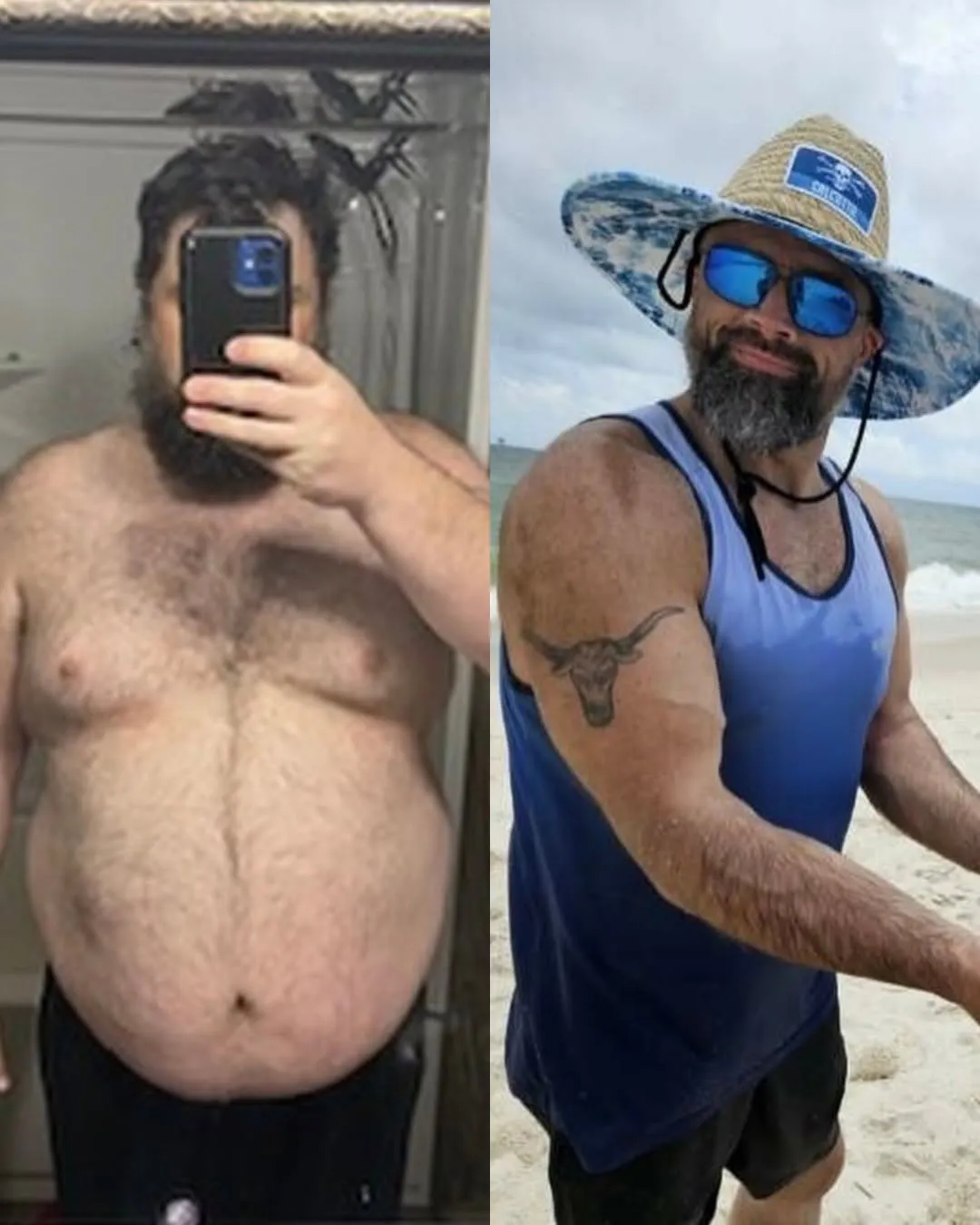 Before-and-after weight loss of a man: from shirtless mirror selfie to fit beach photo with hat, sunglasses, and bull tattoo
