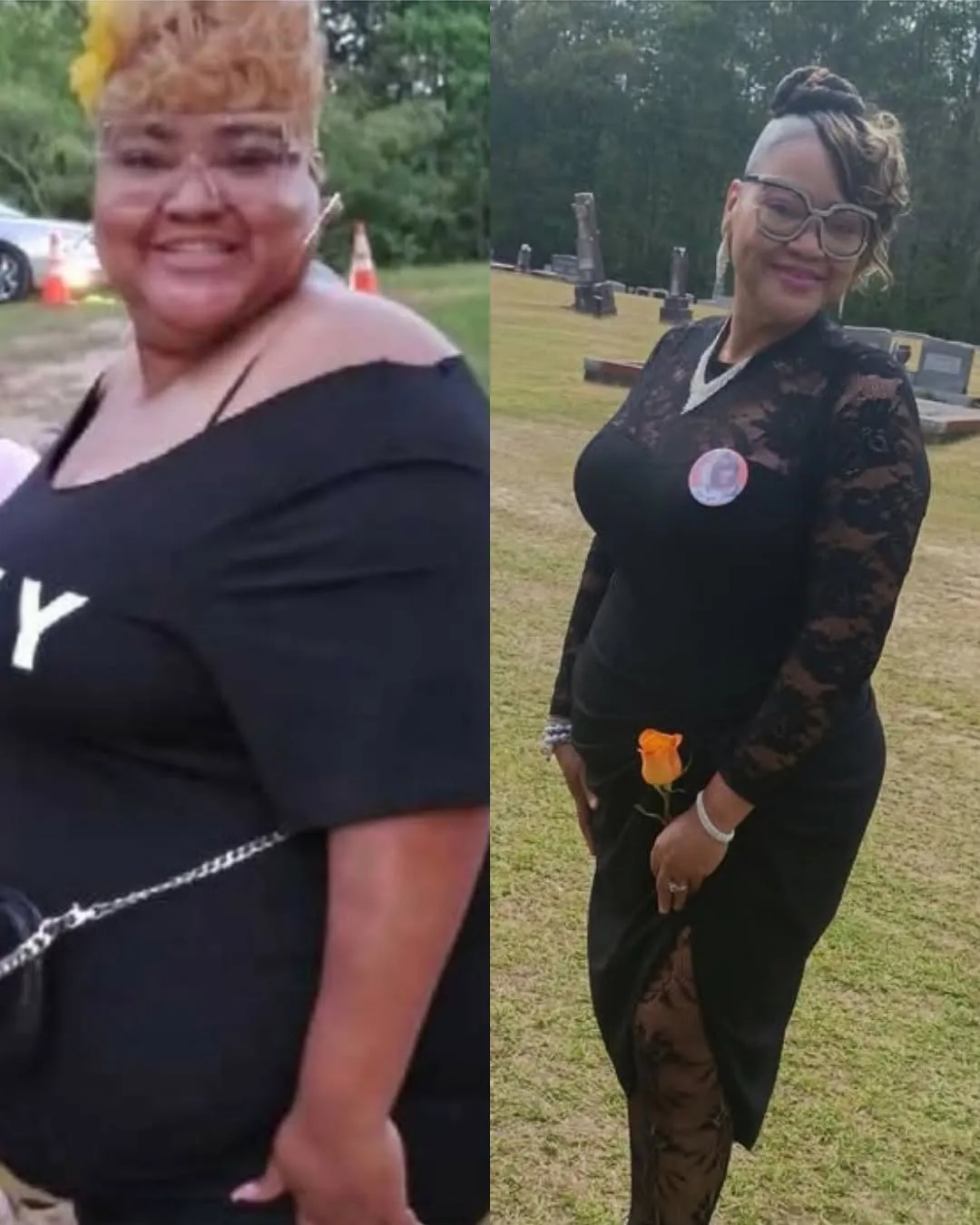 Before-and-after weight loss photo of a woman in black dress, smiling outdoors and holding an orange rose.