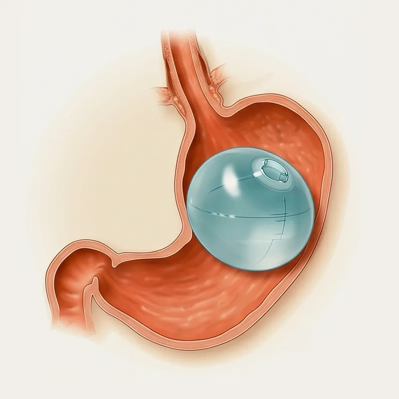 Intragastric balloon in stomach, medical illustration showing gastric balloon used for weight-loss therapy.