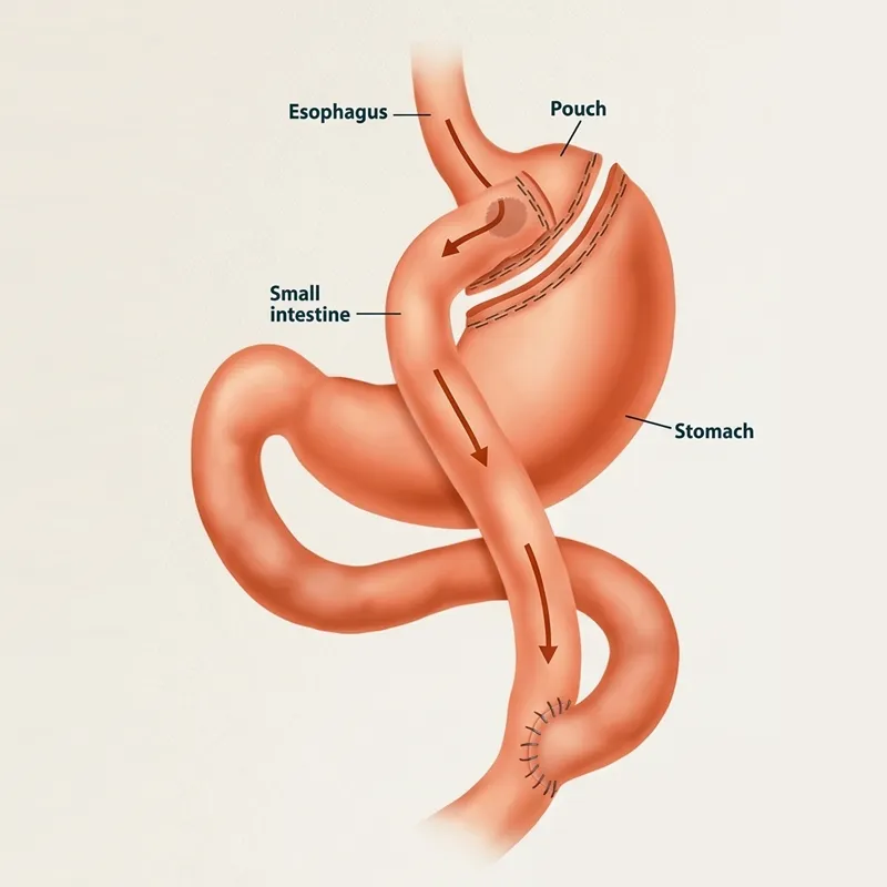 Roux-en-Y gastric bypass diagram showing stomach pouch, esophagus, stomach and rerouted small intestine with arrows