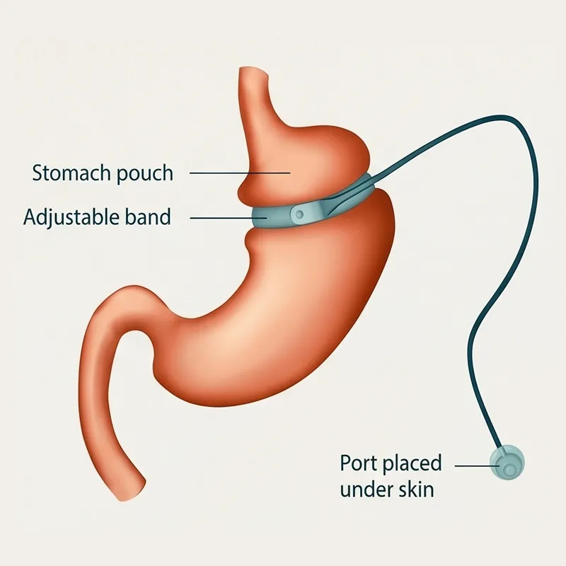 Illustration of adjustable gastric band (lap band) creating a stomach pouch with subcutaneous access port