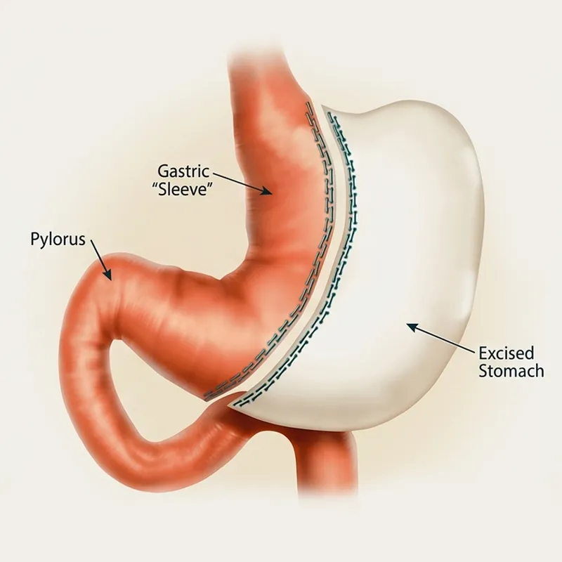 Medical illustration of sleeve gastrectomy showing gastric sleeve, excised stomach portion, surgical staples and pylorus
