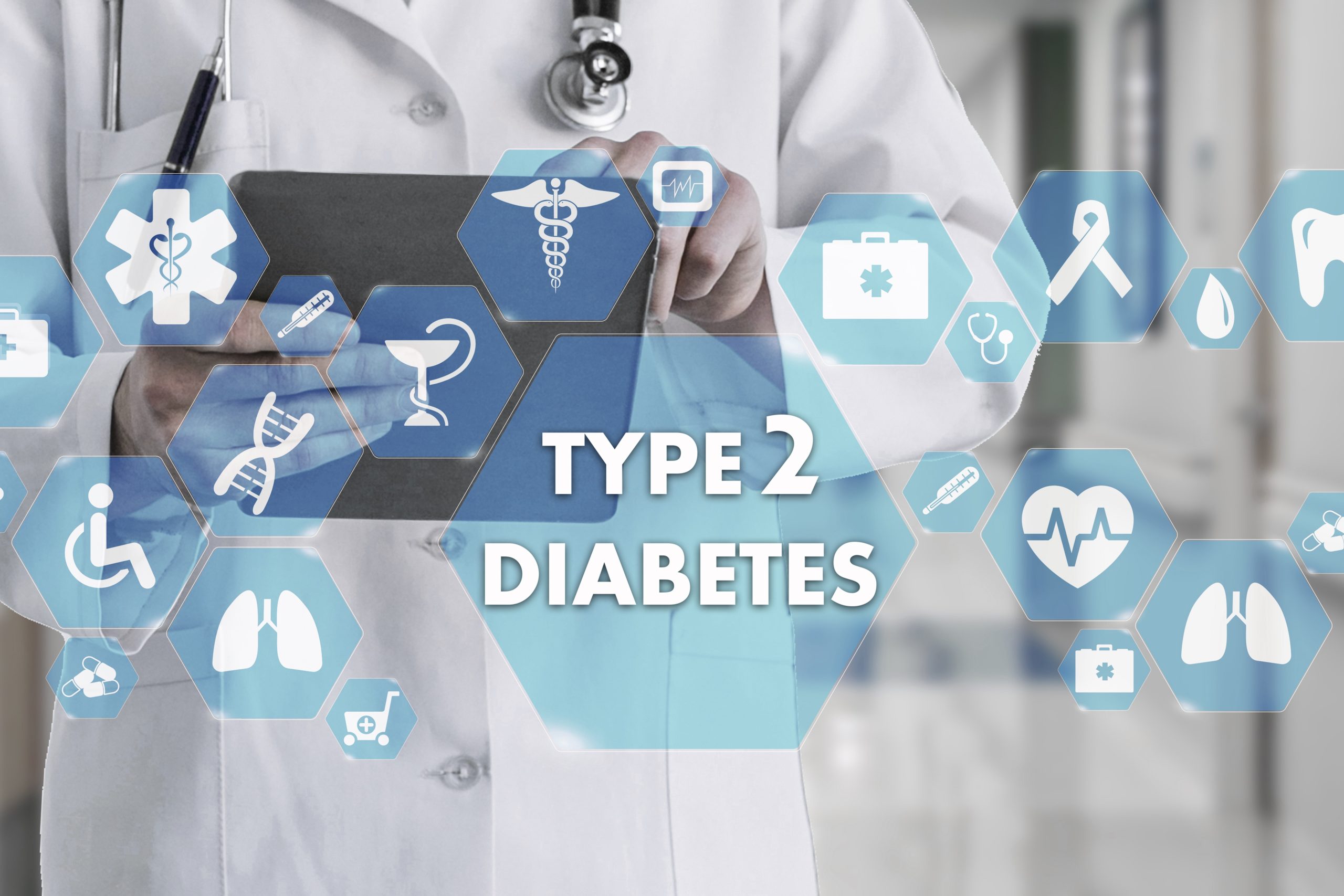 Type 2 diabetes concept: a person in a white coat using a tablet with blue medical icons overlay